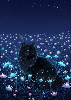 Black Cat in Glowing Flower Field