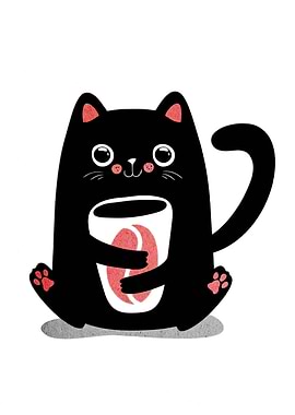 Cute Black Cat with Coffee Cup