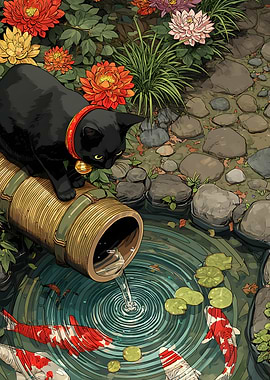 Black Cat and Koi Pond Illustration