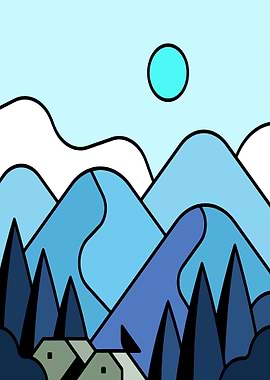 Minimalist Blue Mountain Landscape Illustration