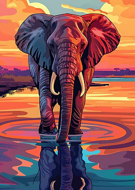 Elephant in Water at Sunset