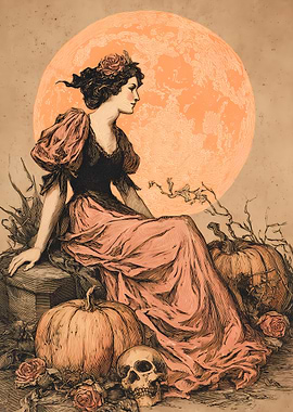 Vintage Halloween Lady with Moon and Pumpkins