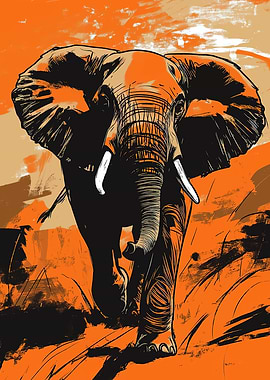 Elephant Illustration in Orange and Black