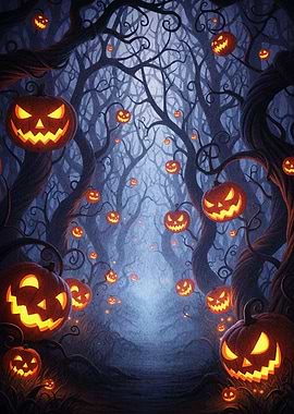 Halloween Forest with Glowing Pumpkins