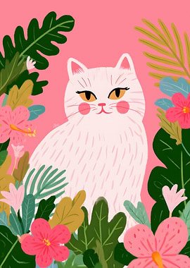 Cute Cat Surrounded by Tropical Flora