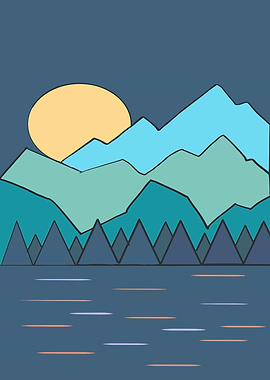 Mountain Landscape with Moon and Lake