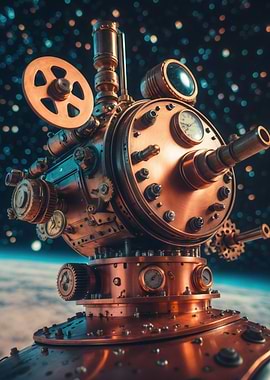 Steampunk Copper Telescope — Vintage Mechanical Engine in Orbit