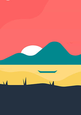 Minimalist Landscape with Boat and Sunset