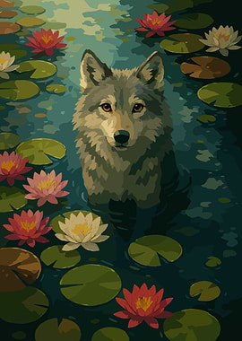 Wolf in Lily Pond Illustration