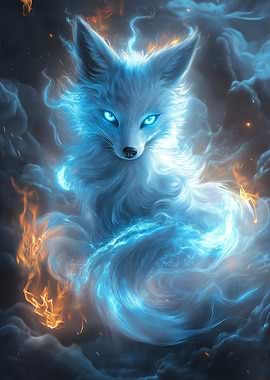 A floating fox spirit with glowing blue eyes and magic