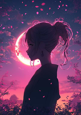 A mysterious anime girl silhouette with glowing pink petals