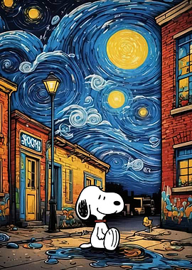 Snoopy in Starry Night Cityscape