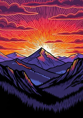 Mountain Sunset Lino Illustration
