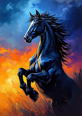Majestic Black Horse Rearing Up Painting
