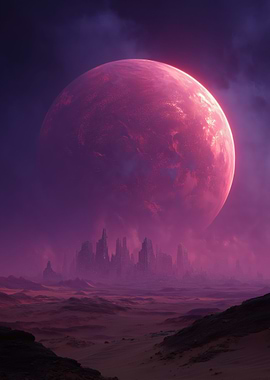 Fantasy Planet Over Alien Cityscape