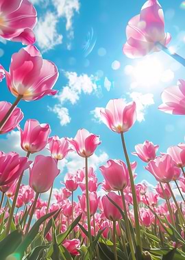 Pink Tulips Against a Blue Sky