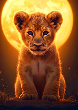 Lion Cub Portrait with Moon Backdrop