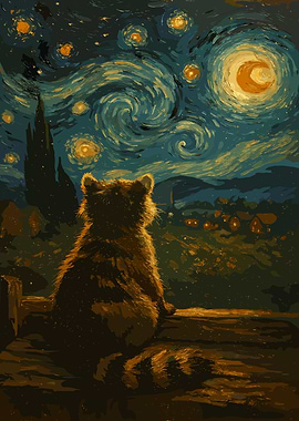 Raccoon Starry Night Art