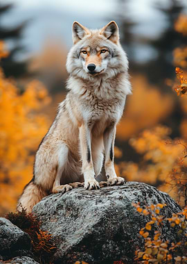 Wolf Portrait on Rock in Autumn