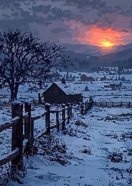 Winter Sunset Over Rural Landscape