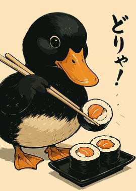 Duck eating sushi with chopsticks