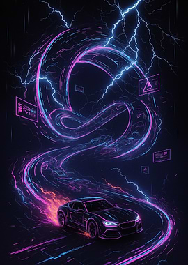 Neon Car Racing Through Electric Storm