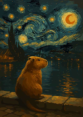 Capybara Starry Night Art