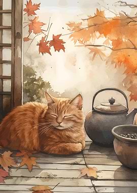 Autumn Cat Nap with Tea