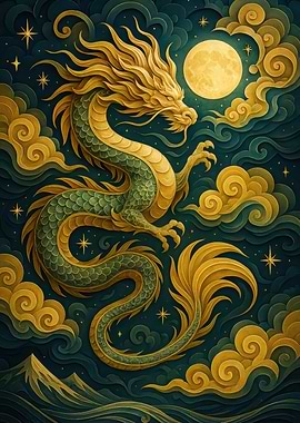Golden Dragon with Moon and Clouds