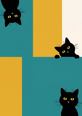 Curious Black Cats, Minimalist Modern Illustration