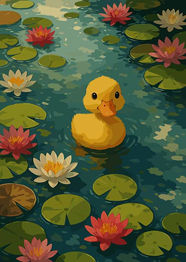 Duckling in Lily Pond Illustration