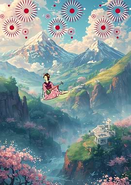 Japanese Landscape with Geisha and Mountains