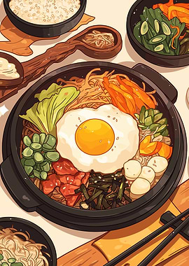 Bibimbap Illustration with Egg and Vegetables