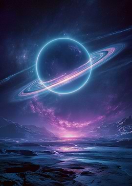 Ringed Planet Over Alien Landscape