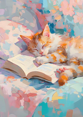 Sleeping Cat on Book Painting