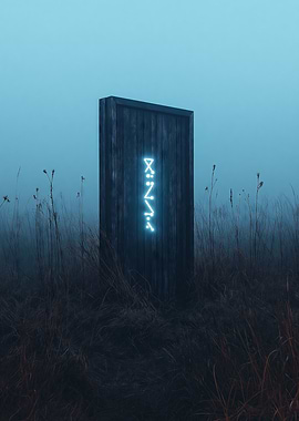A mysterious glowing door in a foggy field