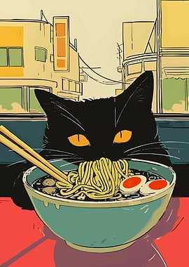 Black Cat Eating Ramen