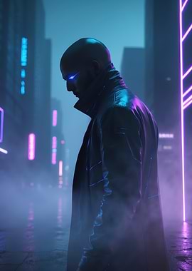 Neon Shadows — Cyberpunk Silhouette of a Futuristic Figure in Leather Coat