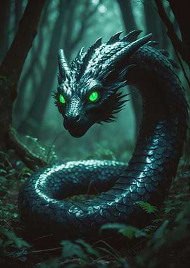 Emerald-Eyed Forest Serpent — Moody Fantasy Dragon Print