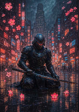 Cyberpunk Samurai in Rainy Cityscape