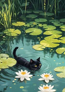 Black Cat in Lily Pond