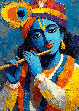 Krishna playing flute, vibrant painting
