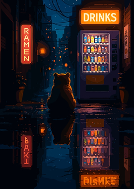 Lonely Bear in Rainy Cityscape