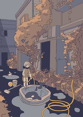 Child with Orca in Backyard Pool