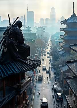 Ninja Overlooking Cityscape