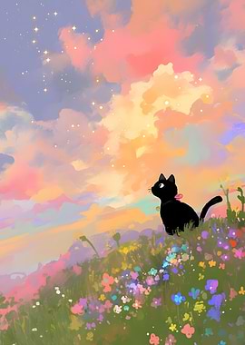 Black cat in a flower field