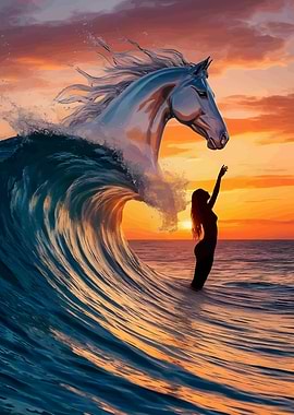 Ocean Wave Horse and Woman Silhouette