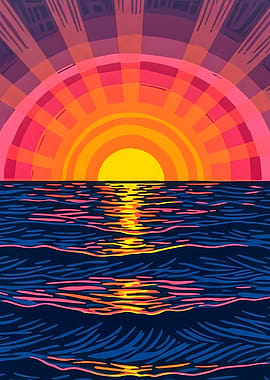 Stylized Lino Sunset Over Water Illustration