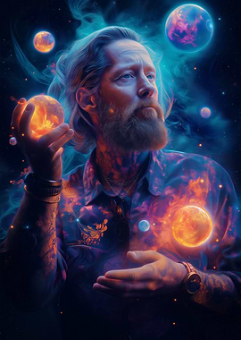 A surreal portrait of a man holding cosmic glowing planets