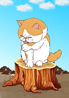Cartoon Cat on Tree Stump